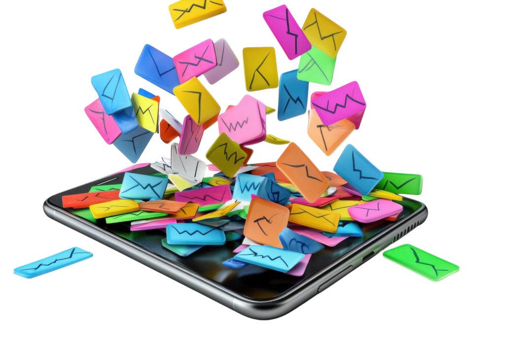 mass job applications being emailed; explosion of colorful emails flooding a smartphone;