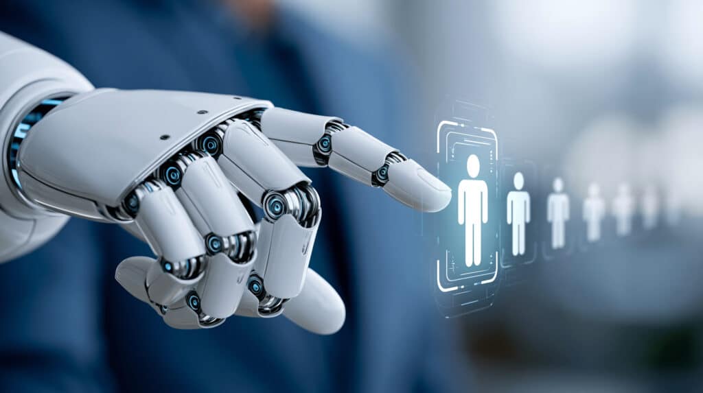 AI robot choosing human profile on computer.