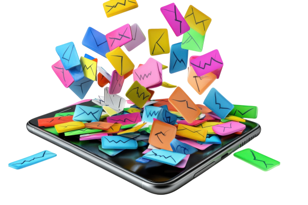 mass job applications being emailed; explosion of colorful emails flooding a smartphone;